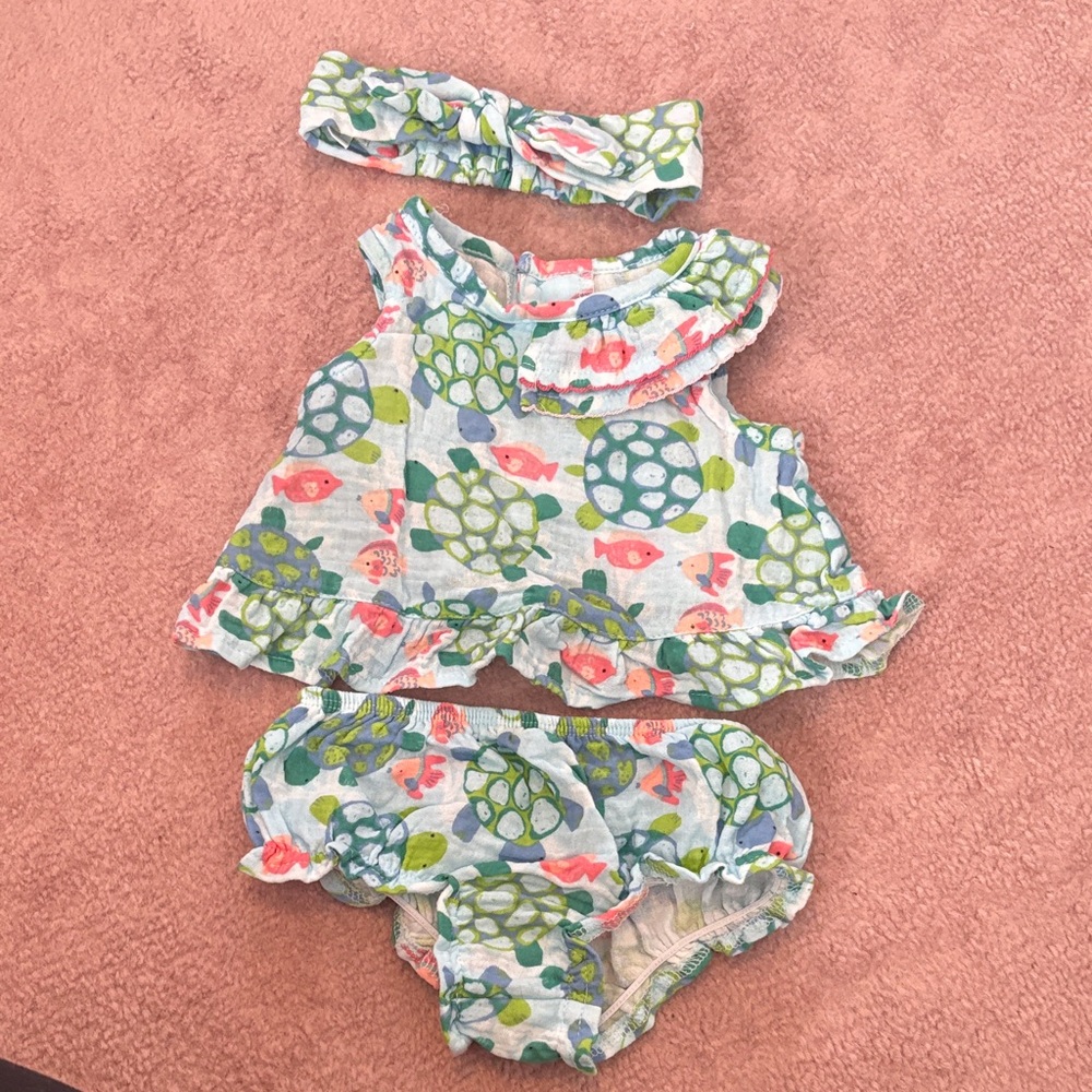 Mud Pie Turtle and Fish Print Diaper Cover Set - Blue and Green